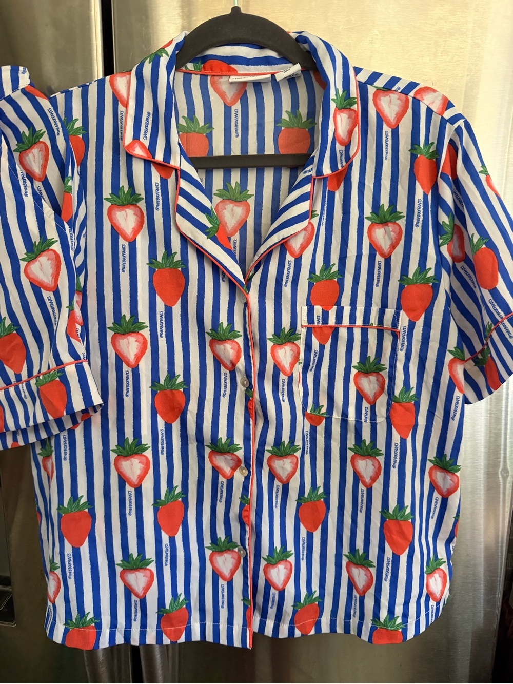 Blue & White Striped Strawberry-Print Short Sleeve Pajama Top